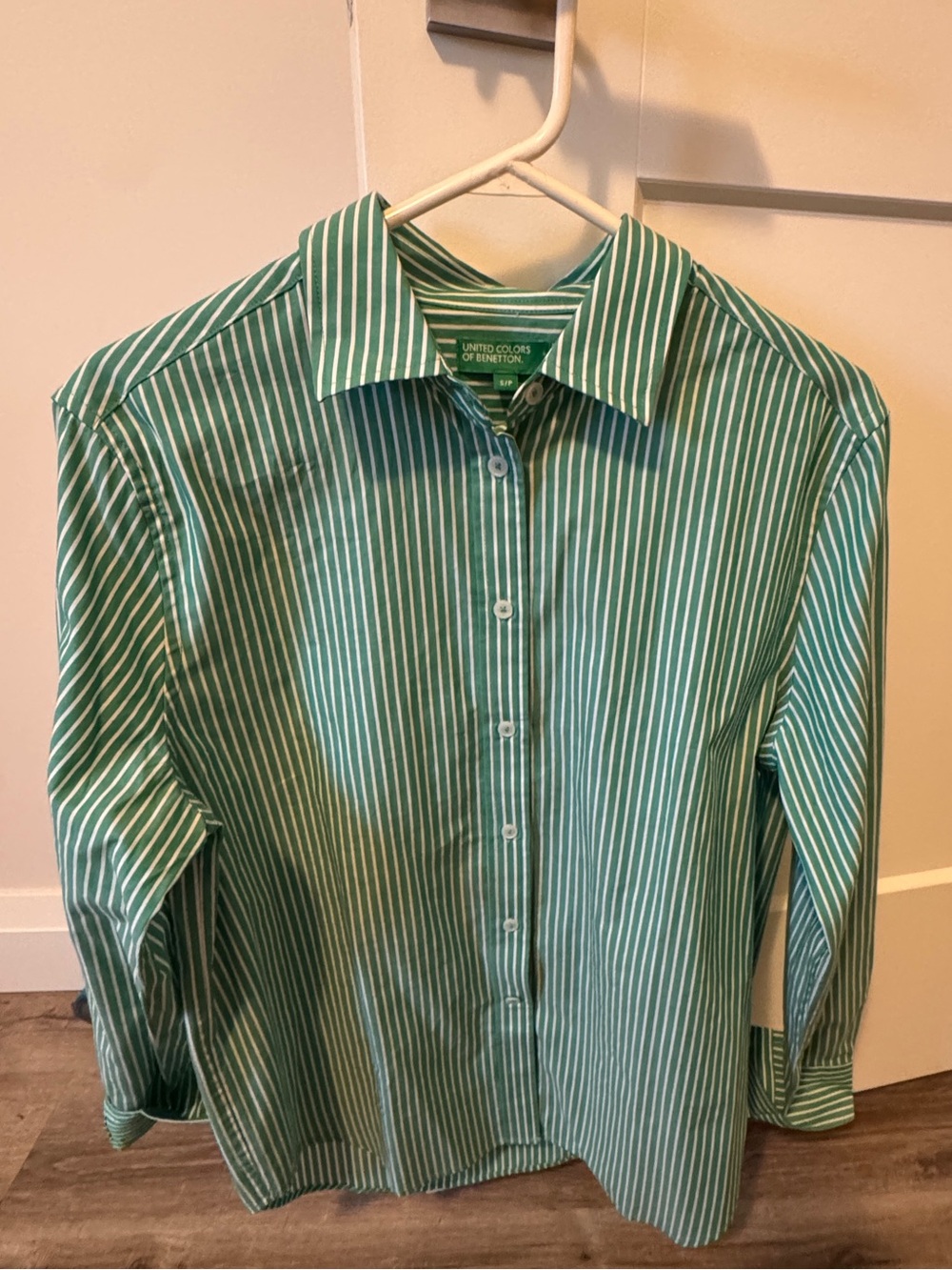 United Colors Of Benetton Green and White Striped Dress Shirt